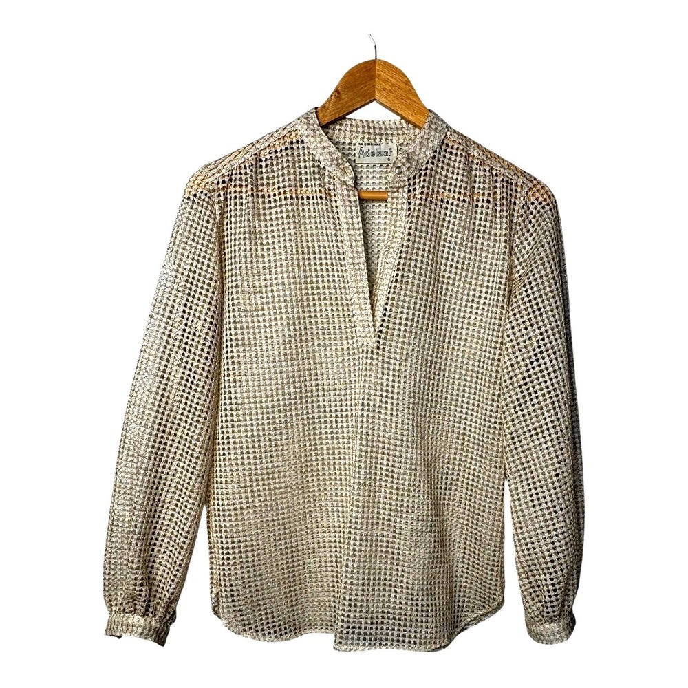 Vintage Adelaar Gold‎ Accent Sheer Metallic Grid Blouse Top Women Size 6